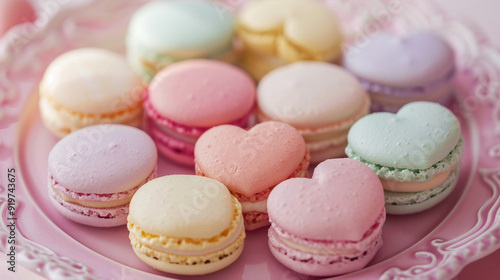 Close-up of a box of heart-shaped macarons in pastel colors, arranged beautifully on a delicate plate