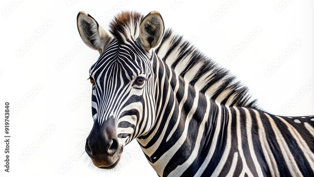 Close-up of a zebra isolated on a white background, zebra, striped, black and white, wildlife, animal, mammal, safari, African Close-up of a zebra isolated on a white background, zebra, striped, black and white, wildlife, animal, mammal, safari, African