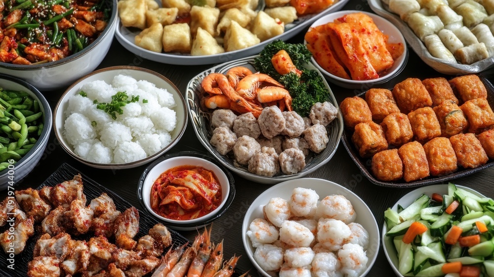 Asian food catering table, top view of Chinese, Vietnamese, and Korean dishes, wooden background Asian food catering table, top view of Chinese, Vietnamese, and Korean dishes, wooden background