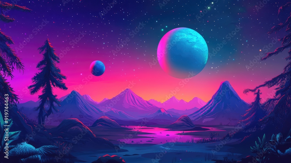Horizontal illustration of future landscape with mountains, planets, trees, moon. Surrealist concept of escape. The generation of AI