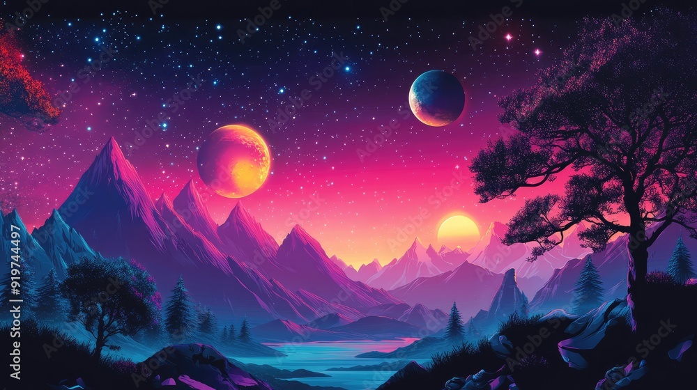 Horizontal illustration of future landscape with mountains, planets, trees, moon. Surrealist concept of escape. The generation of AI Horizontal illustration of future landscape with mountains, planets, trees, moon. Surrealist concept of escape. The generation of AI
