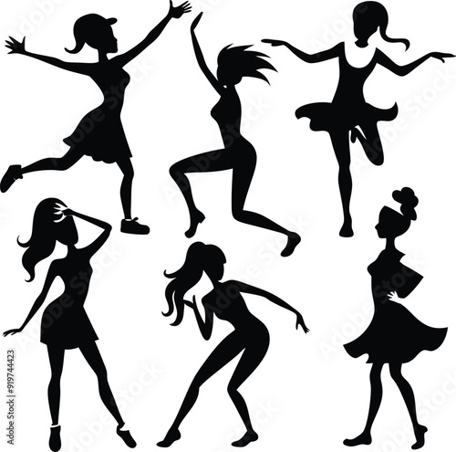 Women Dancing Dark Silhouette Shapes Vector Set