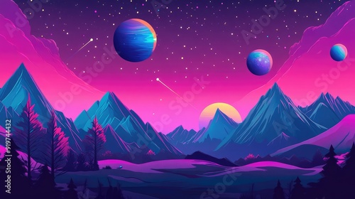 Horizontal illustration of future landscape with mountains, planets, trees, moon. Surrealist concept of escape. The generation of AI