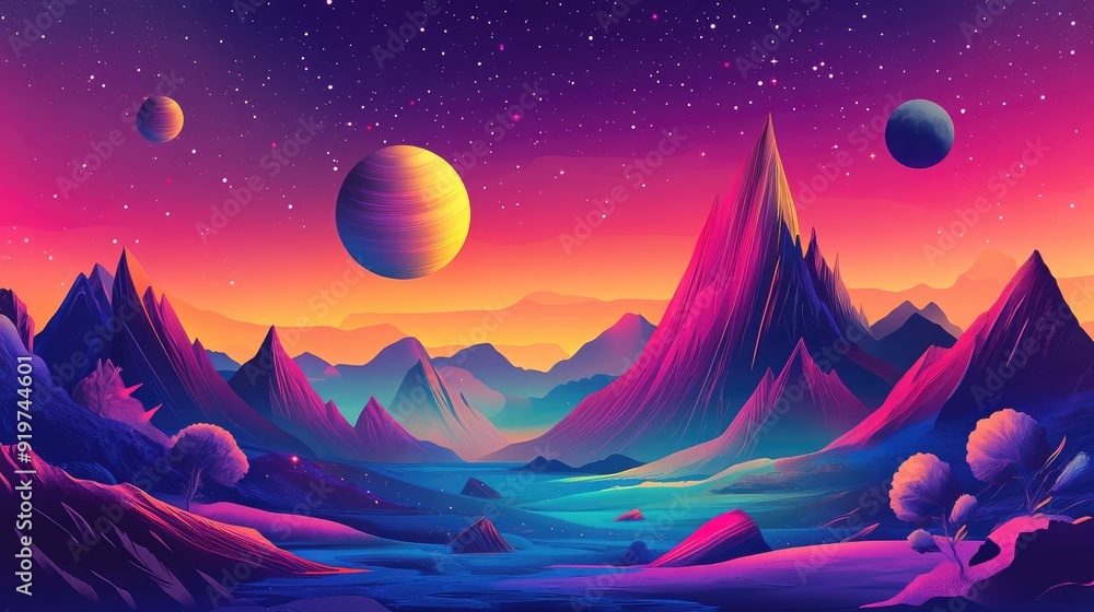Fototapeta premium Horizontal illustration of future landscape with mountains, planets, trees, moon. Surrealist concept of escape. The generation of AI