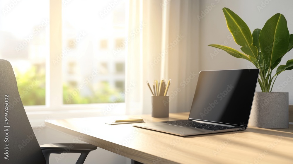 a laptop and plant on desk a laptop and plant on desk
