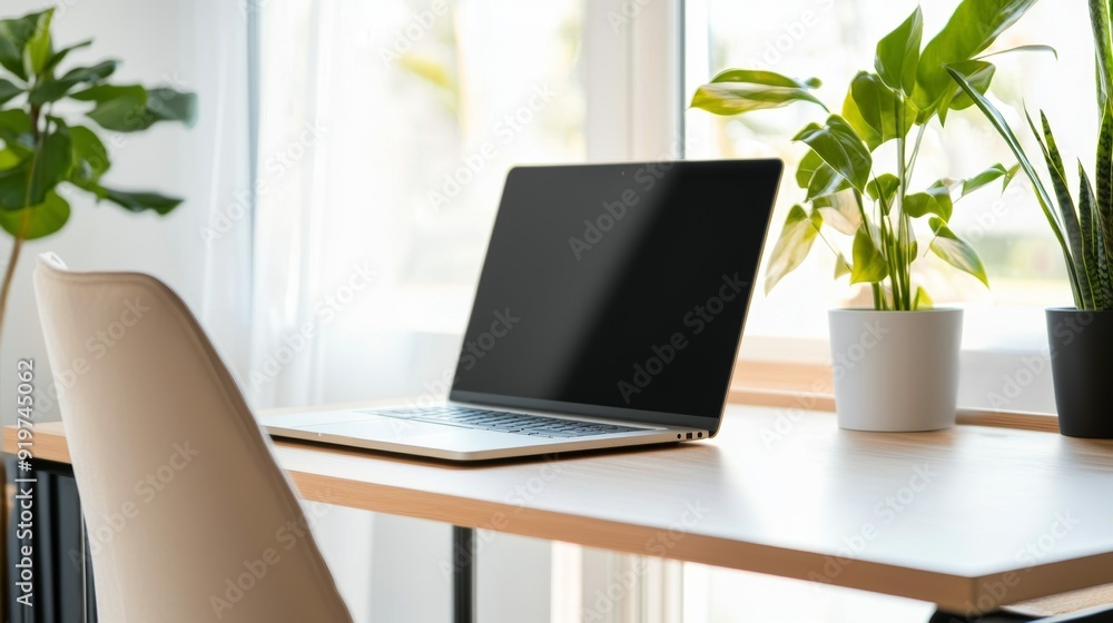 a laptop on table next to plant a laptop on table next to plant