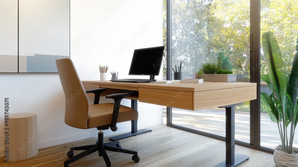 a desk with laptop and plant a desk with laptop and plant