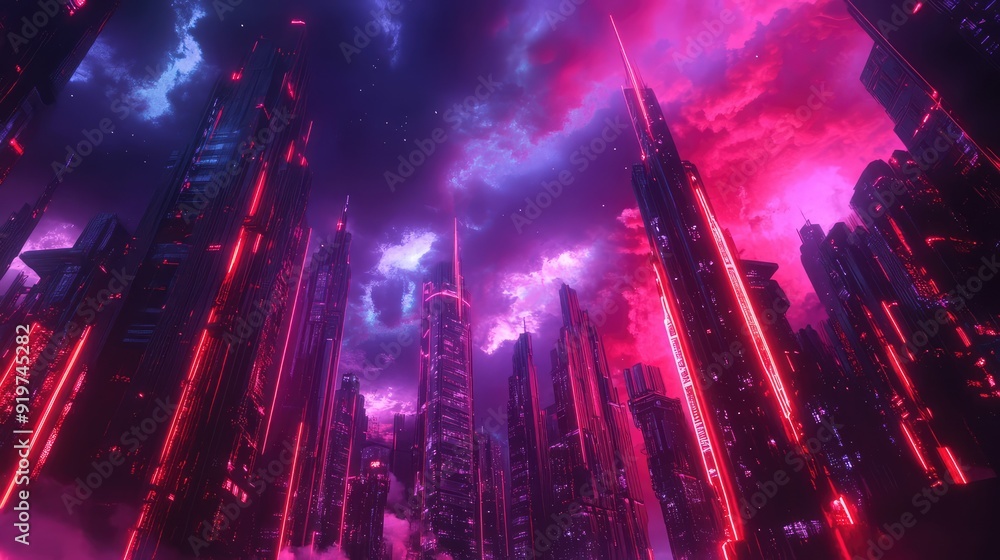 Fototapeta premium Big city night scene in cyberpunk style, futuristic nostalgia 80s, 90s. Neon lights vivid colors, photorealistic horizontal illustration. The generation of AI