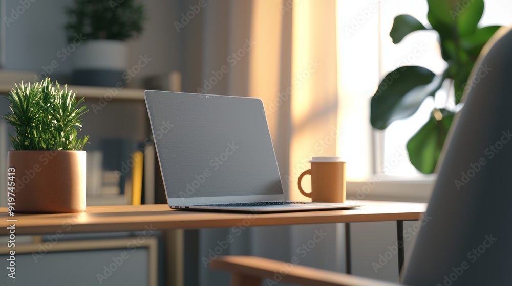 a laptop computer sitting on desk next to plant a laptop computer sitting on desk next to plant