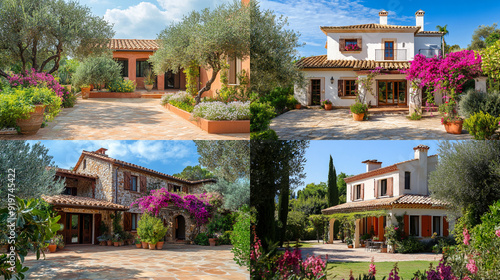 4. Mediterranean villa with terracotta roof tiles, a spacious courtyard, olive trees, and blooming bougainvillea photo