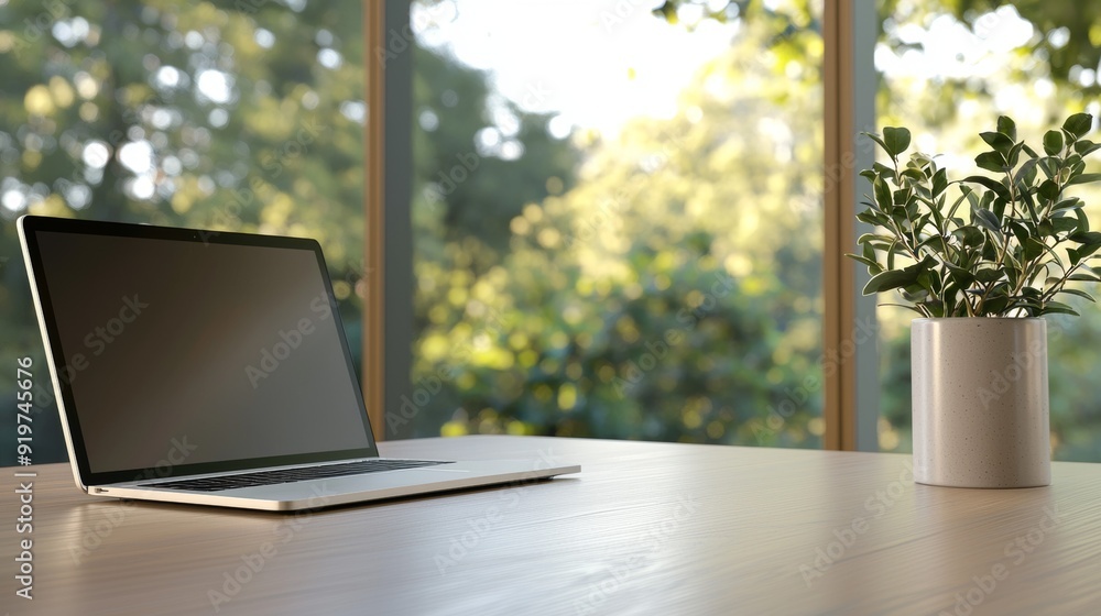 a laptop computer sitting on wooden table a laptop computer sitting on wooden table