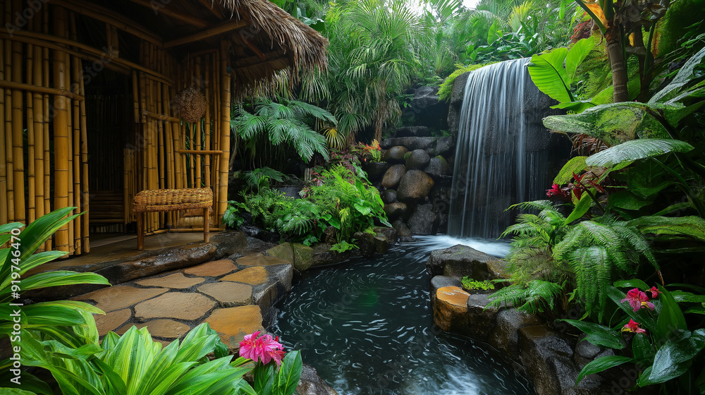 16. Tropical rainforest house with a lush garden featuring exotic plants, bamboo structures, and a small waterfall 16. Tropical rainforest house with a lush garden featuring exotic plants, bamboo structures, and a small waterfall