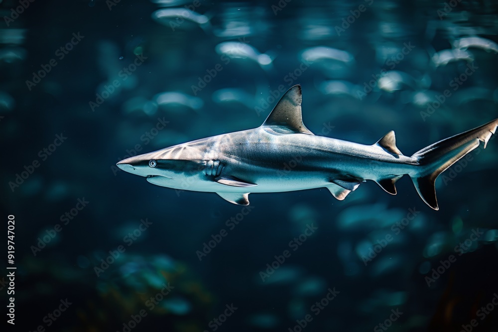 Naklejka premium Majestic shark swims in deep blue ocean. Expressing calm and movement in underwater world. Perfect for ocean themed projects. Vivid colors and clear details. Generative AI