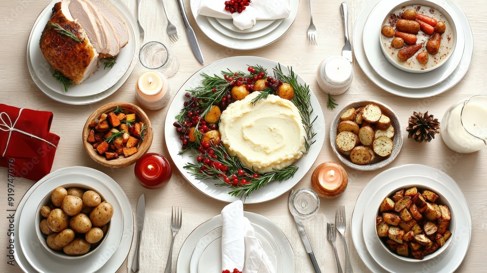 Top view of a Thanksgiving dinner table featuring a carved turkey, mashed potatoes, roasted vegetables, and various side dishes, set for a festive family meal.
Top view of a Thanksgiving dinner table featuring a carved turkey, mashed potatoes, roasted vegetables, and various side dishes, set for a festive family meal.