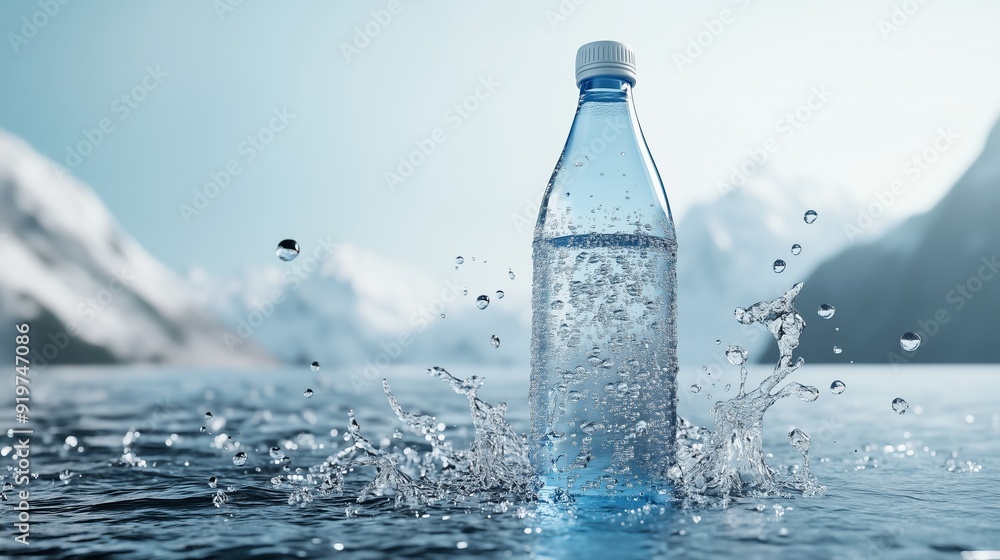 A clear bottle of water splashes in a pristine alpine lake during daylight hours A clear bottle of water splashes in a pristine alpine lake during daylight hours