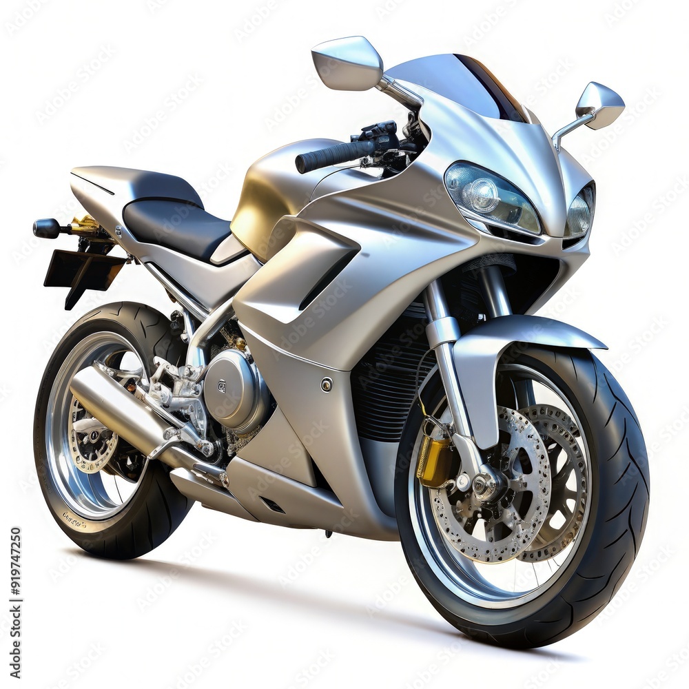 Silver shining sport motorcycle isolated on white background. Generative AI Silver shining sport motorcycle isolated on white background. Generative AI