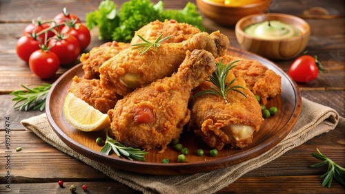 Fried chicken drumsticks served with fresh herbs and vegetables on a wooden table. Generative AI