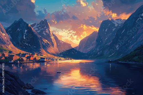 A Serene Evening: The Midnight Sun Casting Golden Hues Over Majestic Mountains and Tranquil Waters in a Picturesque Valley