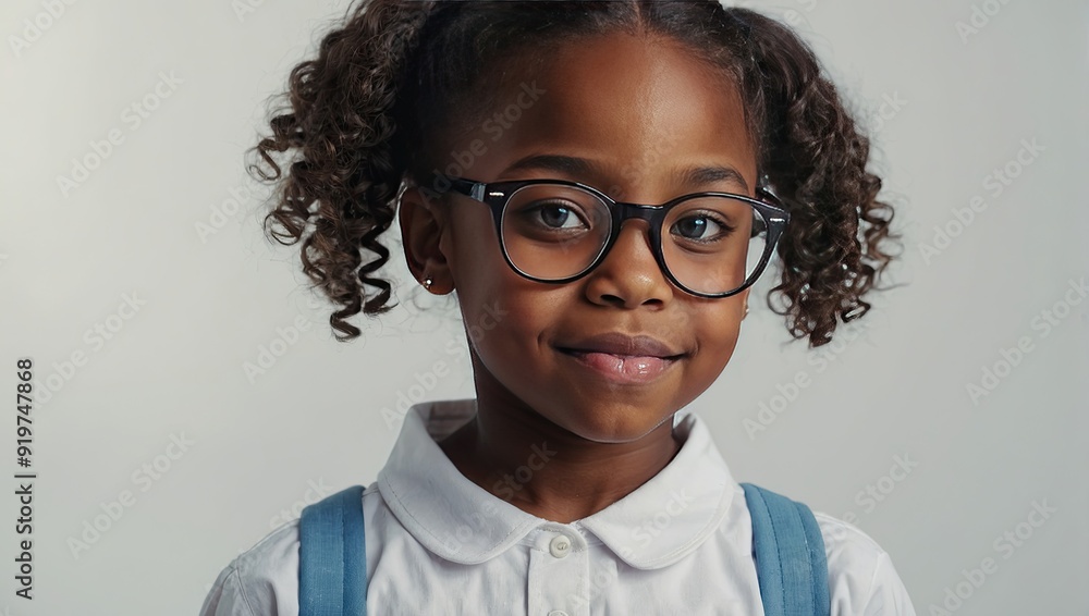 Portrait of a Serious dark skinned schoolgirl with glasses on a solid gray background. Back to school, correction of pupil kid eyesight. Portrait of a Serious dark skinned schoolgirl with glasses on a solid gray background. Back to school, correction of pupil kid eyesight.