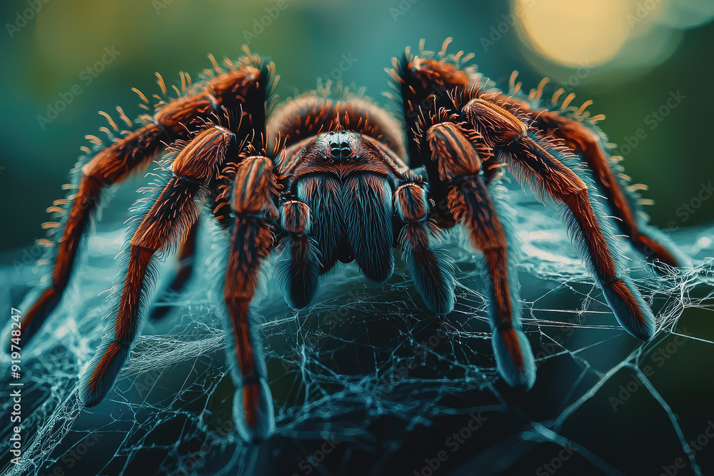 A Stunning Close-Up of a Tarantula Resting on Its Web, Showcasing the Beauty of Nature's Most Fascinating Arachnids. A Stunning Close-Up of a Tarantula Resting on Its Web, Showcasing the Beauty of Nature's Most Fascinating Arachnids.