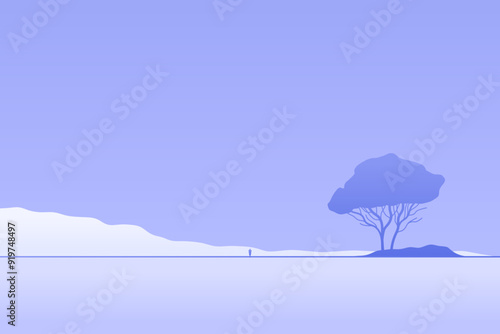 Minimalist landscape poster with lonely tree on island against mountain. Wild nature scene hand drawn painting. Lake and cliffs at twilight art wallpaper for prints and decoration. Vector illustration