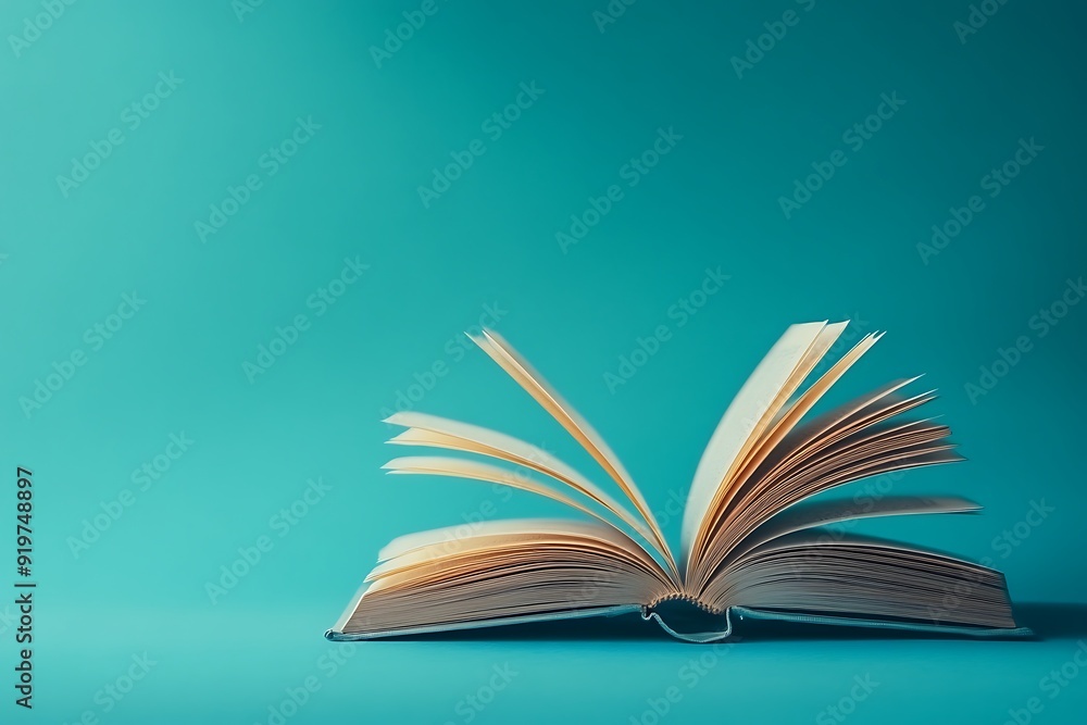 A minimalistic stock photo of an open book with pages turning, isolated against a blue background A minimalistic stock photo of an open book with pages turning, isolated against a blue background