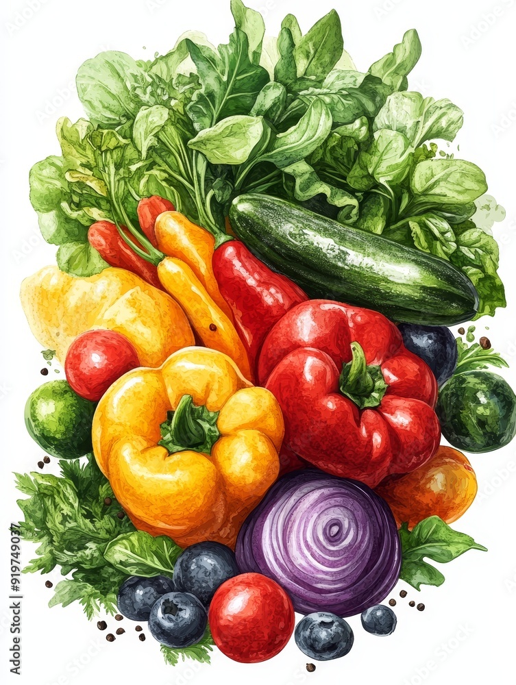 Watercolor Illustration of Fresh Vegetables and Berries Watercolor Illustration of Fresh Vegetables and Berries