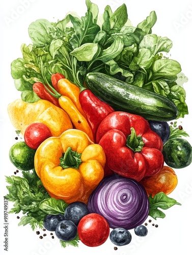 Watercolor Illustration of Fresh Vegetables and Berries