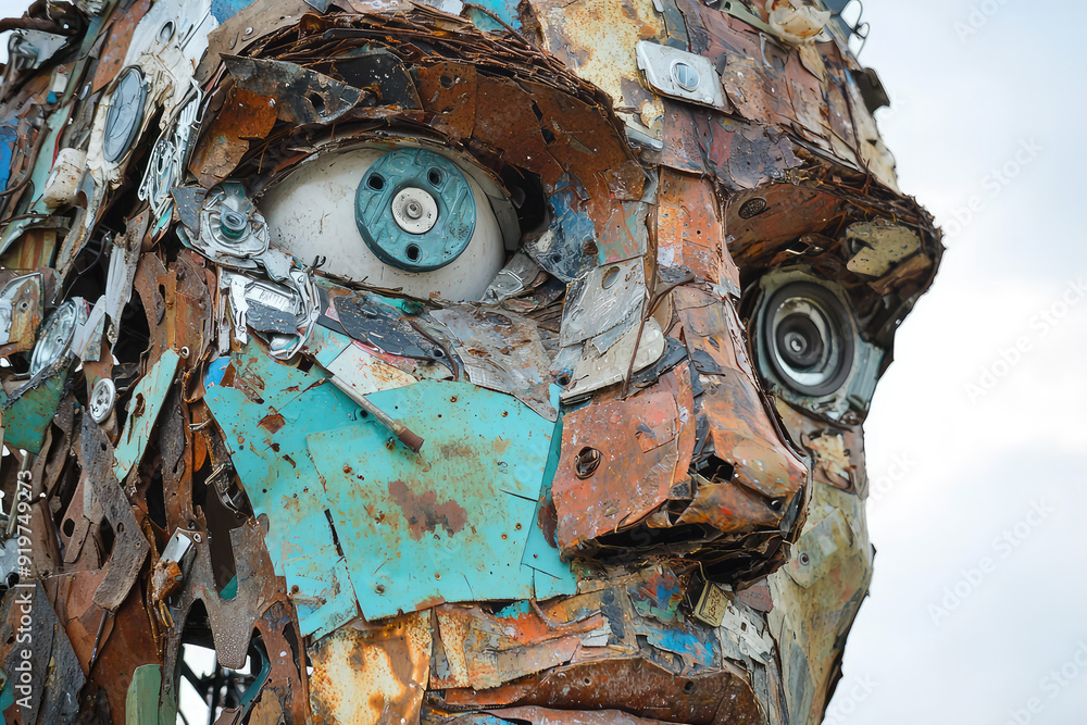 Fototapeta premium A Visually Striking Sculpture Made from Recycled Materials Showcasing the Human Face with Depth and Impressive Detail.