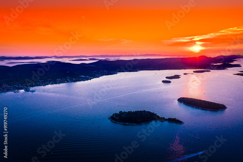 sunset over the croatian islands Ugljan and Pasman, Dalmatia region, Croatia