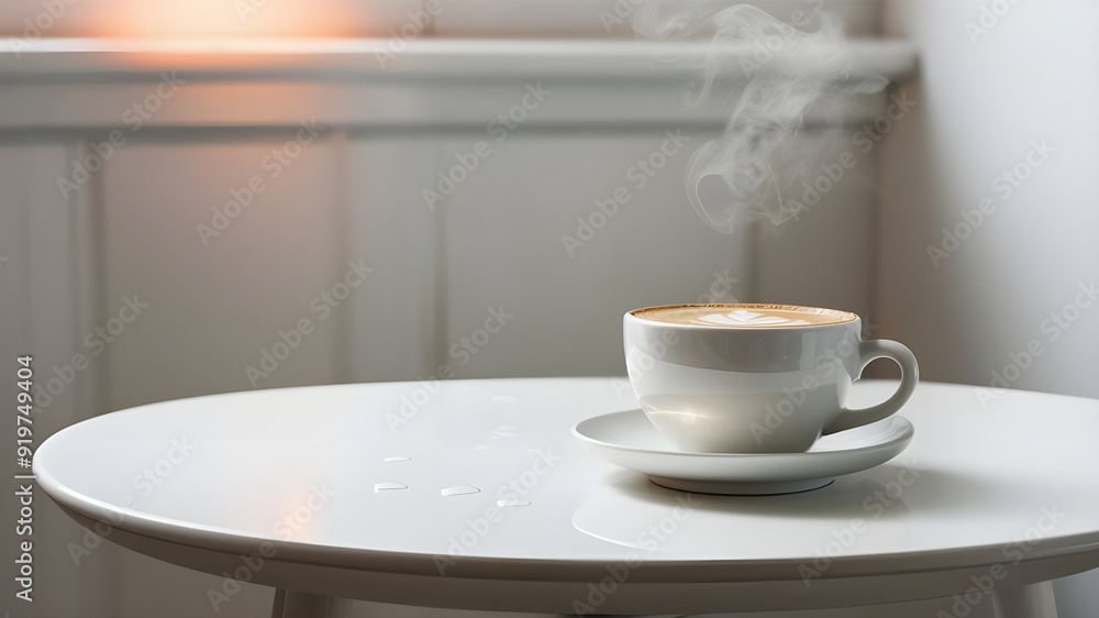 Serene Scene: White Table with a Steaming Cup of Latte. A serene, minimalist setting featuring a white table with a single warm cup of latte. Serene Scene: White Table with a Steaming Cup of Latte. A serene, minimalist setting featuring a white table with a single warm cup of latte.