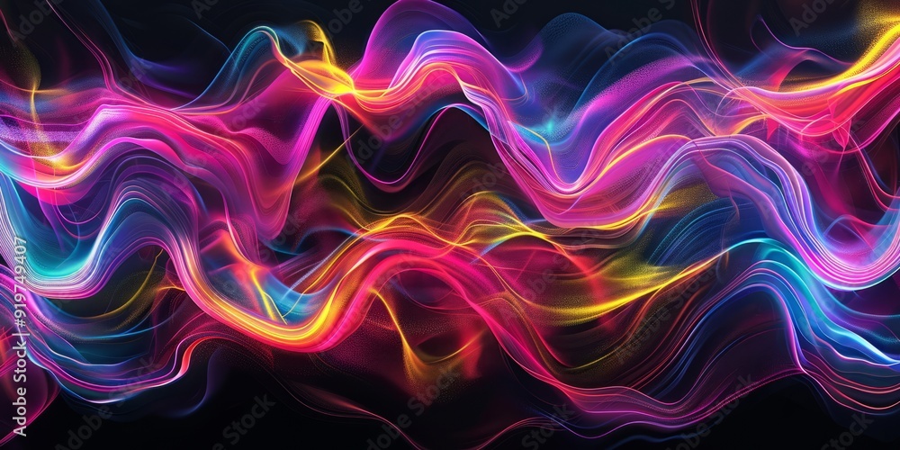 Fototapeta premium Black Background with Colorful Neon Accents. Ripples and Swirls create a Wavy Surface Texture