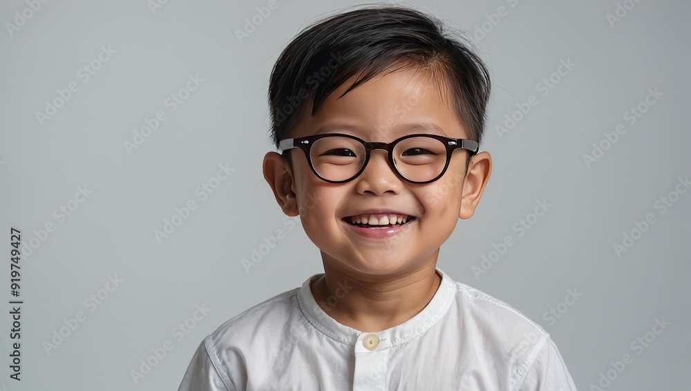 Portrait of a happy Asian kid preschooler with glasses on a solid gray background. Back to school, correction of pupil kid eyesight. Portrait of a happy Asian kid preschooler with glasses on a solid gray background. Back to school, correction of pupil kid eyesight.