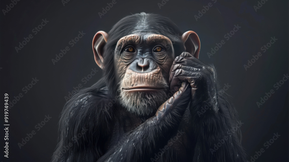 A chimpan standing in front of a dark background holding his hand to his face with his right hand on his chin and his left hand. A chimpan standing in front of a dark background holding his hand to his face with his right hand on his chin and his left hand.