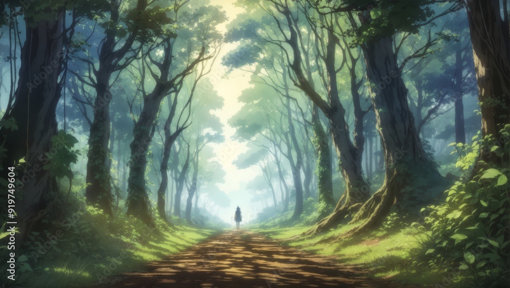 Fototapeta premium A woman walks in the forest, a gloomy forest path.