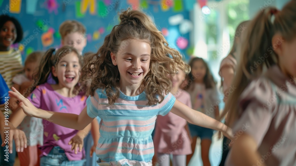 Fototapeta premium Children dancing happily together with teacher at nursery school