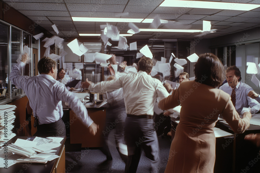 Naklejka premium Tensions Rise as Colleagues Engage in Heated Argument in an Office, Creating an Atmosphere of Confusion and Disarray.