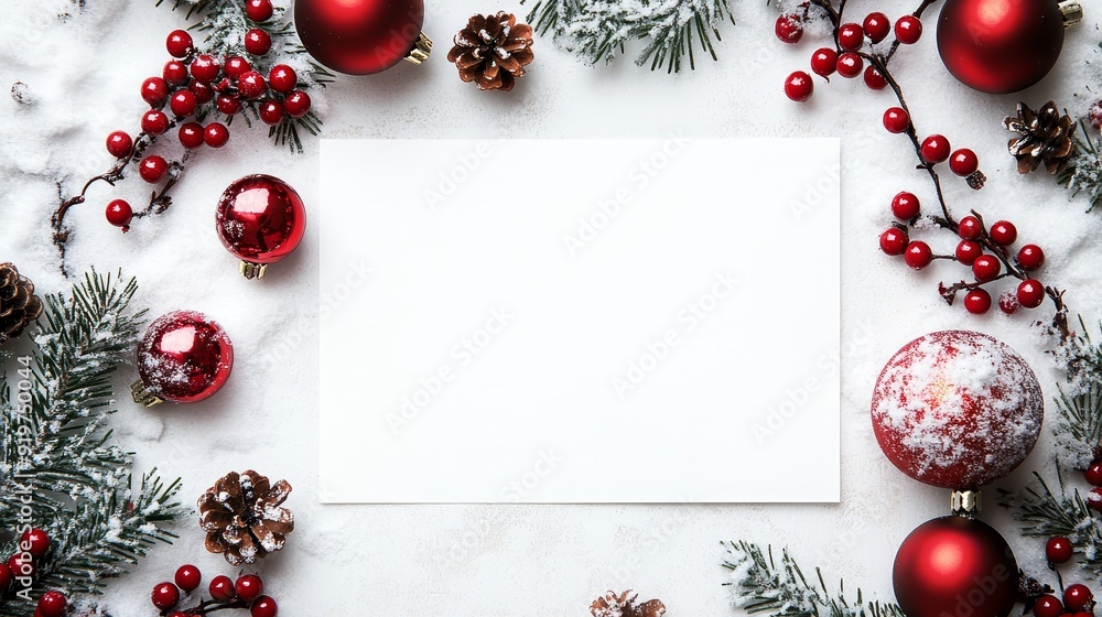 A white card with a red border sits on a snowy ground with red berries A white card with a red border sits on a snowy ground with red berries