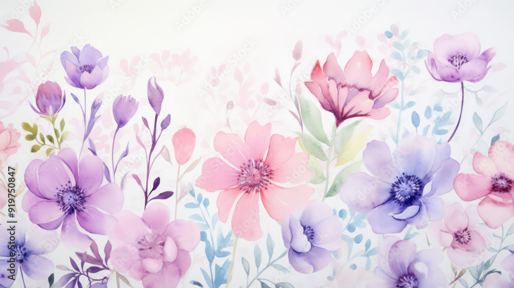 Variety of stylized flowers in soft pastel colors. Delicate, calm and serene atmosphere. Aesthetic flowers wallpaper, background. Botany, art, design, artistic.