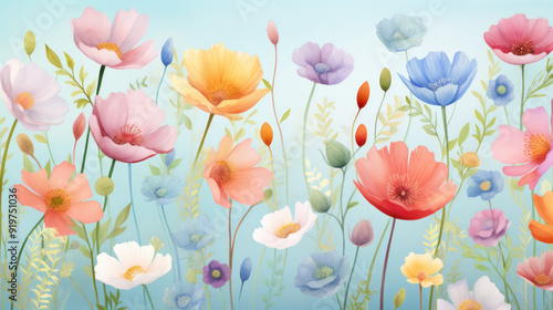 Variety of stylized flowers in soft pastel colors. Delicate, calm and serene atmosphere. Aesthetic flowers wallpaper, background. Botany, art, design, artistic.