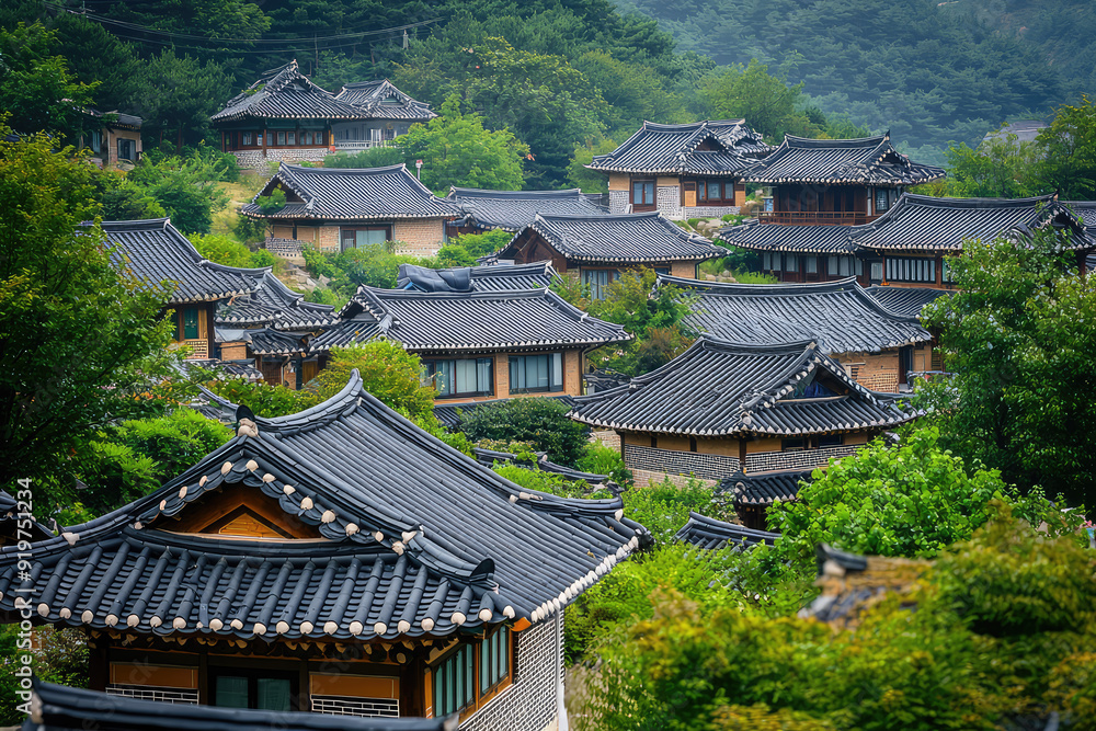 Traditional Korean Houses Amid Lush Greenery: A Serene Glimpse of Cultural Heritage in Nature's Embrace Traditional Korean Houses Amid Lush Greenery: A Serene Glimpse of Cultural Heritage in Nature's Embrace
