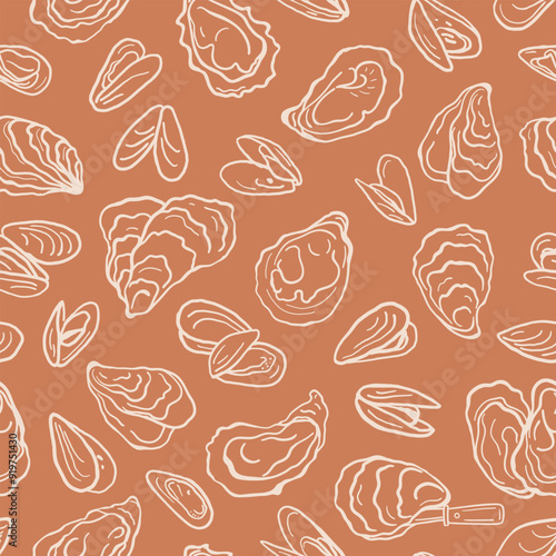 Oysters and mussels seamless pattern