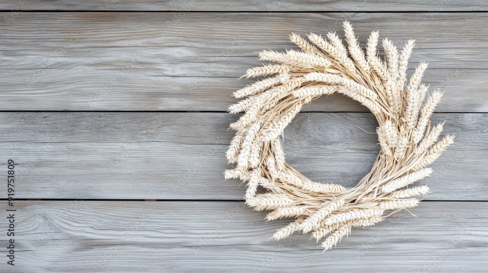 A minimalistic wheat wreath on a rustic wooden background, perfect for seasonal decor or natural-themed design projects. A minimalistic wheat wreath on a rustic wooden background, perfect for seasonal decor or natural-themed design projects.