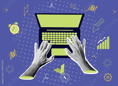 Halftone collage business design, website design, development, programming, seo. Hands with a laptop coding, ideas, a lightbulb. Digital art concept. Fully vector collage Illustration