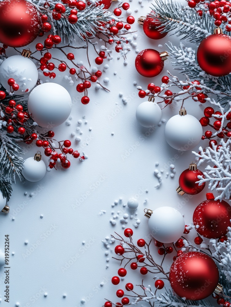 A white card with a red border sits on a snowy ground with red berries A white card with a red border sits on a snowy ground with red berries
