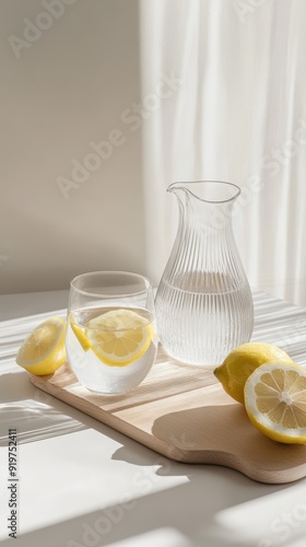 A minimalist arrangement of lemon water with a glass and pitcher on a sunlit table