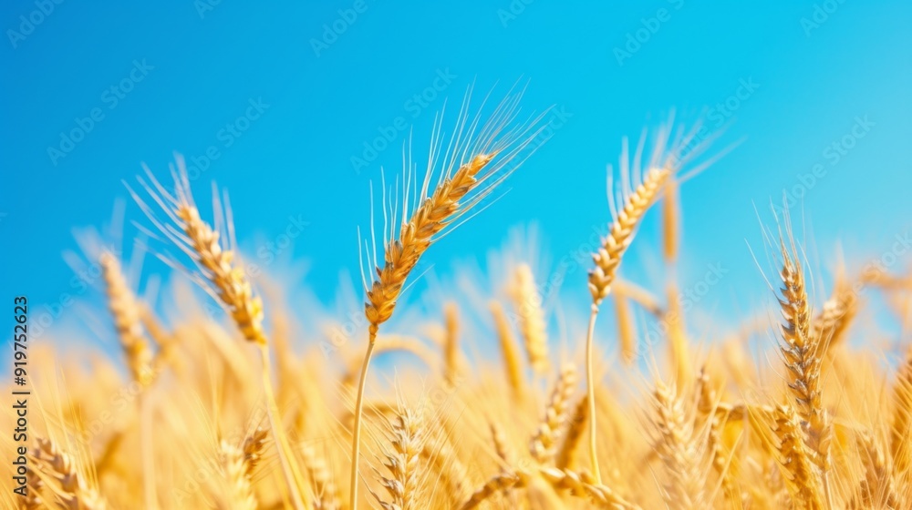 Golden wheat field swaying gently in the breeze under a clear blue sky Golden wheat field swaying gently in the breeze under a clear blue sky