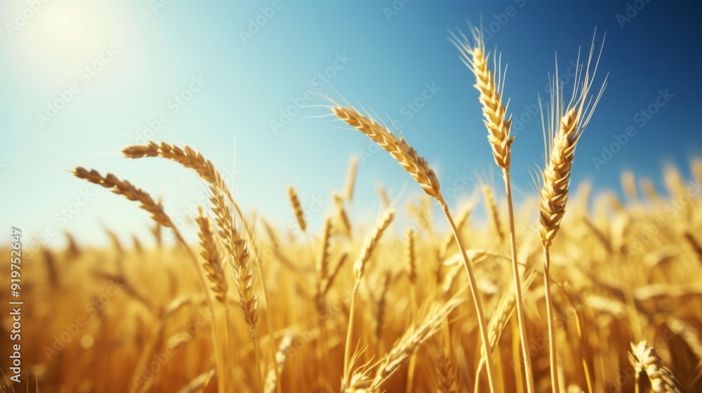 Fototapeta premium Golden wheat field swaying gently in the breeze under a clear blue sky
