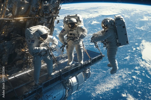 Fototapeta Naklejka Na Ścianę i Meble -  Three astronauts using tools to repair an external module on a space station with the Earth in the distance, highlighting the importance of teamwork and advanced technology in space.