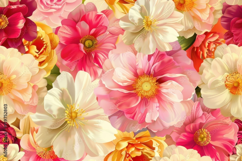 pattern of colorful large flowers in various shades of pink, red, yellow and cream on a white background Generative AI pattern of colorful large flowers in various shades of pink, red, yellow and cream on a white background Generative AI